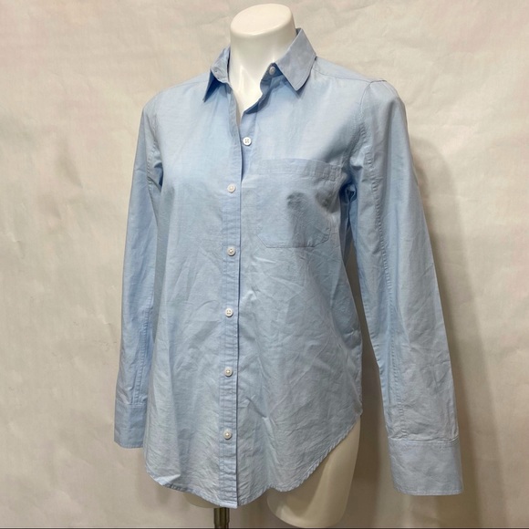ATHLETA CHAMBRAY MARINWOOD STRIPED POPLIN RELAXED LIGHT BLUE BUTTON DOWN TOP - Picture 9 of 16